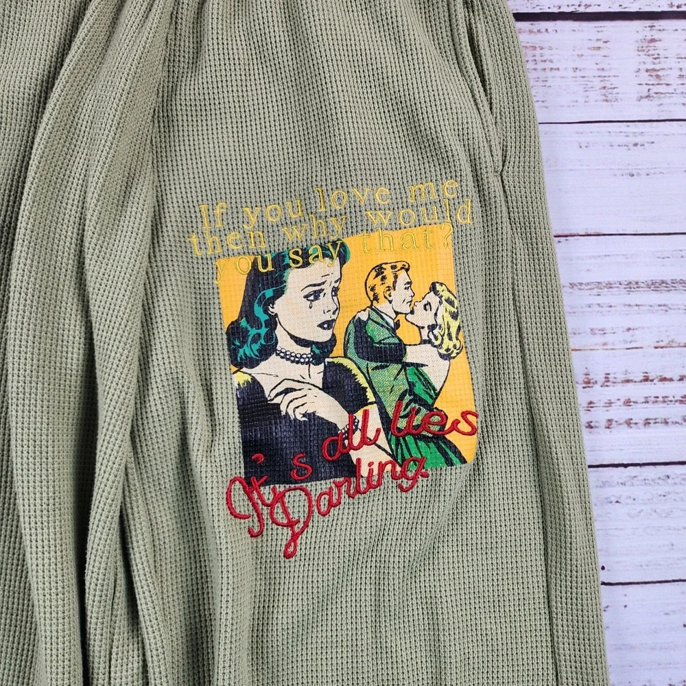 Boys Lie Don't Say It Darling MM Pants Womens S Olive Thermal Wide Leg Graphic